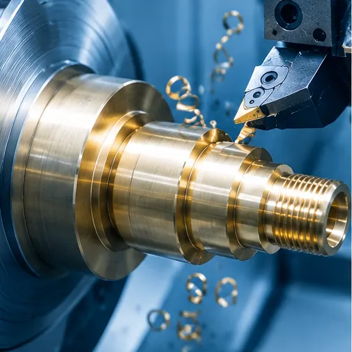CNC lathe turning a brass component with chips flying off the cutting tool