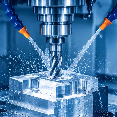 Vertical machining center end mill cutting a metal block with coolant